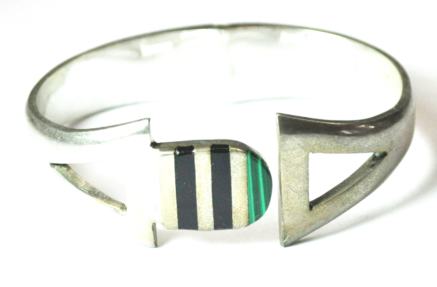 Sterling Mexico Malachite Onyx Stripe Triangle Hinged Bangle Bracelet 23mm 59.8g