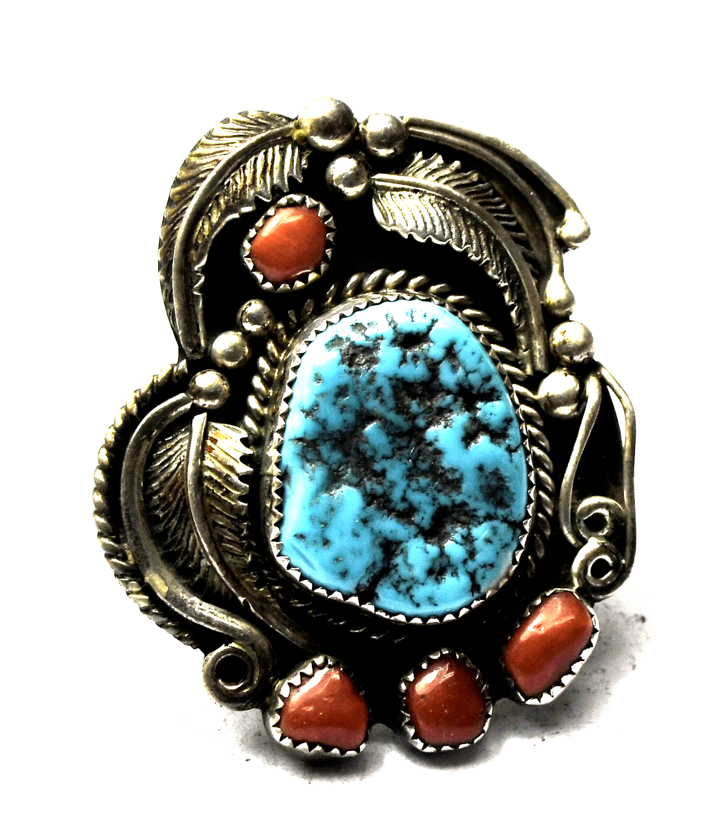 Sterling Silver Phillip Sanchez Turquoise & Coral Ring 41mm Size 7