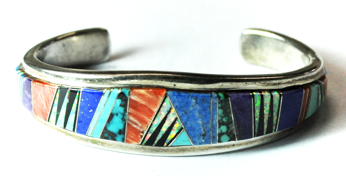 Sterling Silver YL Tiger Stripe Inlay Cuff Bracelet 19mm 7" Wrist Spiny Oyster