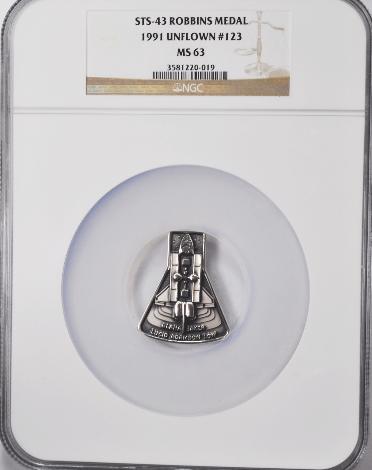 1991 STS-43 Robbins Silver Space Medal Unflown #123 NGC MS63 Atlantis