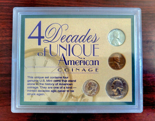 4 Decades of Unique American Coinage Set - Quarter,  Dime, Pennies