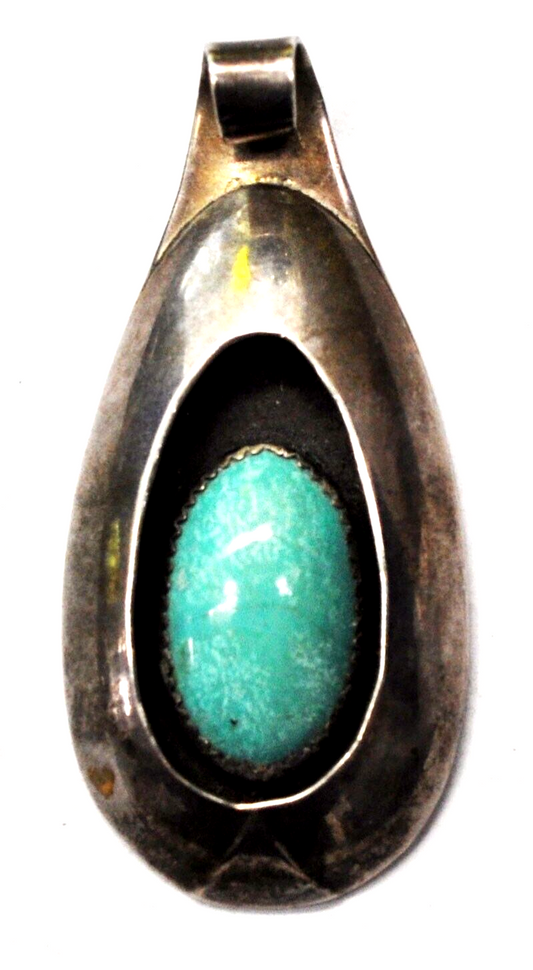 Sterling Signed EMR Teardrop Shadow Box Oval Turquoise Pendant 60x30mm