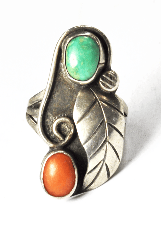 Antique Sterling Silver Green Turquoise & Coral Floral Ring 31mm Size 5