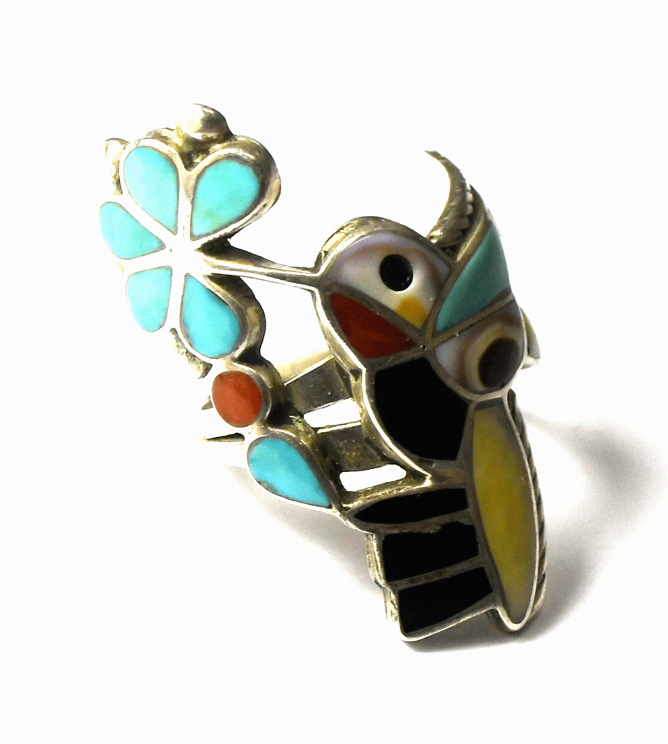 Sterling Silver Hummingbird Inlay Turquoise Coral MOP Ring 36mm Size 6-1/2