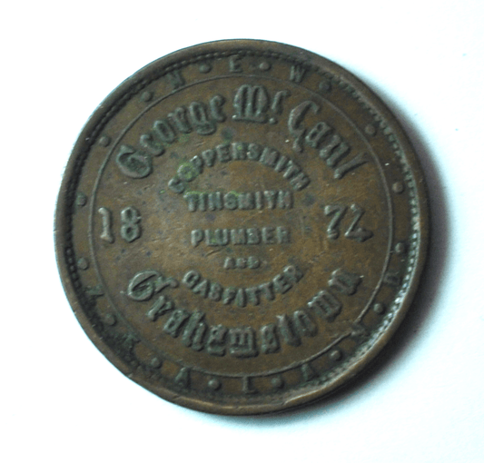 1874 New Zealand George McCaul Grahamstown Merchant Penny Token 34mm Coppersmith