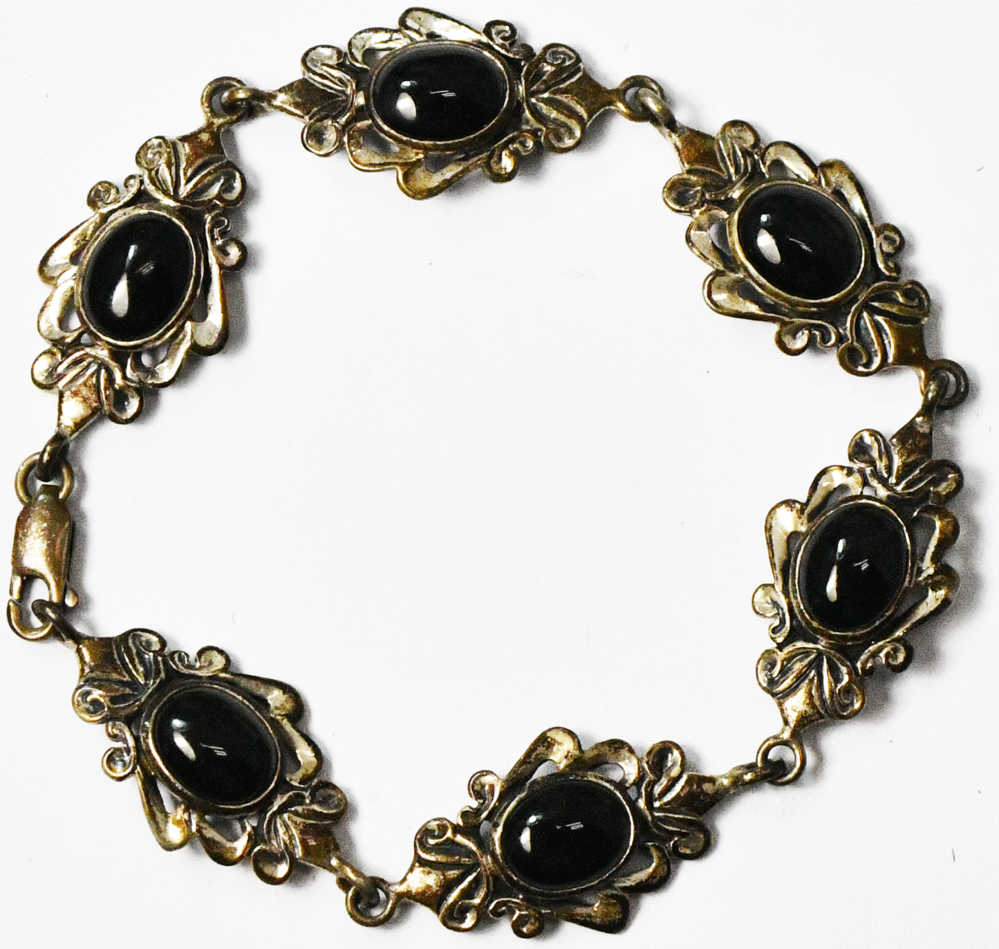 Sterling Silver (M) Oval Black Onyx Scroll Filigree Bracelet 15mm 7-1/4"