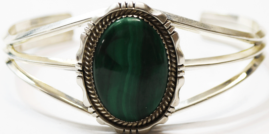 Sterling LS Oval Green Malachite Split Cuff  Bracelet 31mm 7-1/4" Wrist