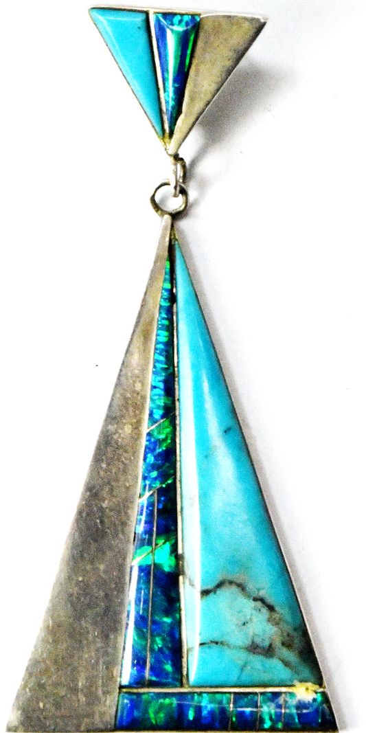 Sterling Reynetsa Leland Triangle Turquoise Fire Opal Inlay Pendant 3-1/4" x38mm