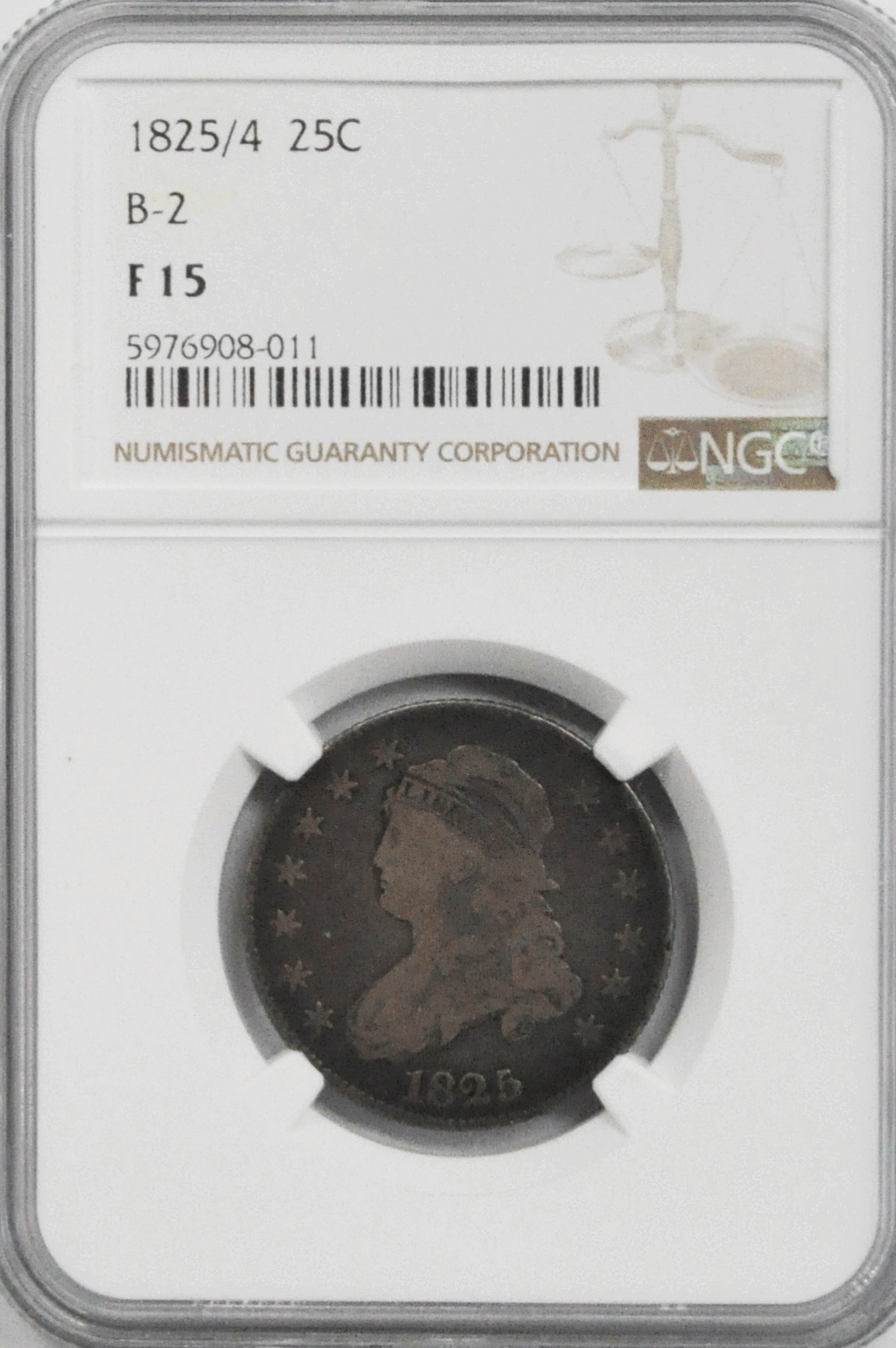 1825/4 25c Capped Bust Silver Quarter Dollar NGC F15 Philadelphia B-2