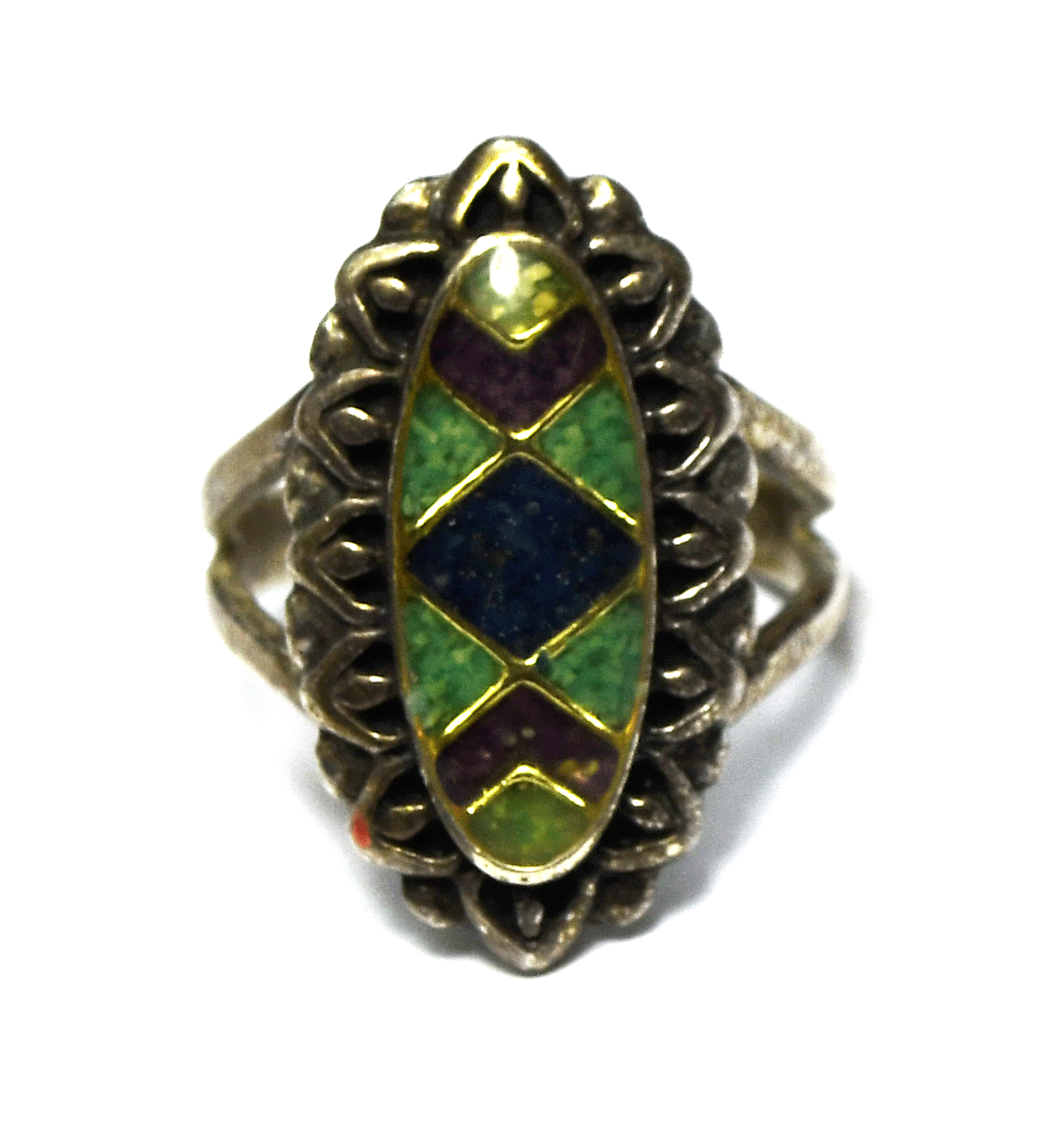 Sterling Carolyn Pollack Blue Green & Purple Chip Inlay Ring 23mm Size 6-1/4