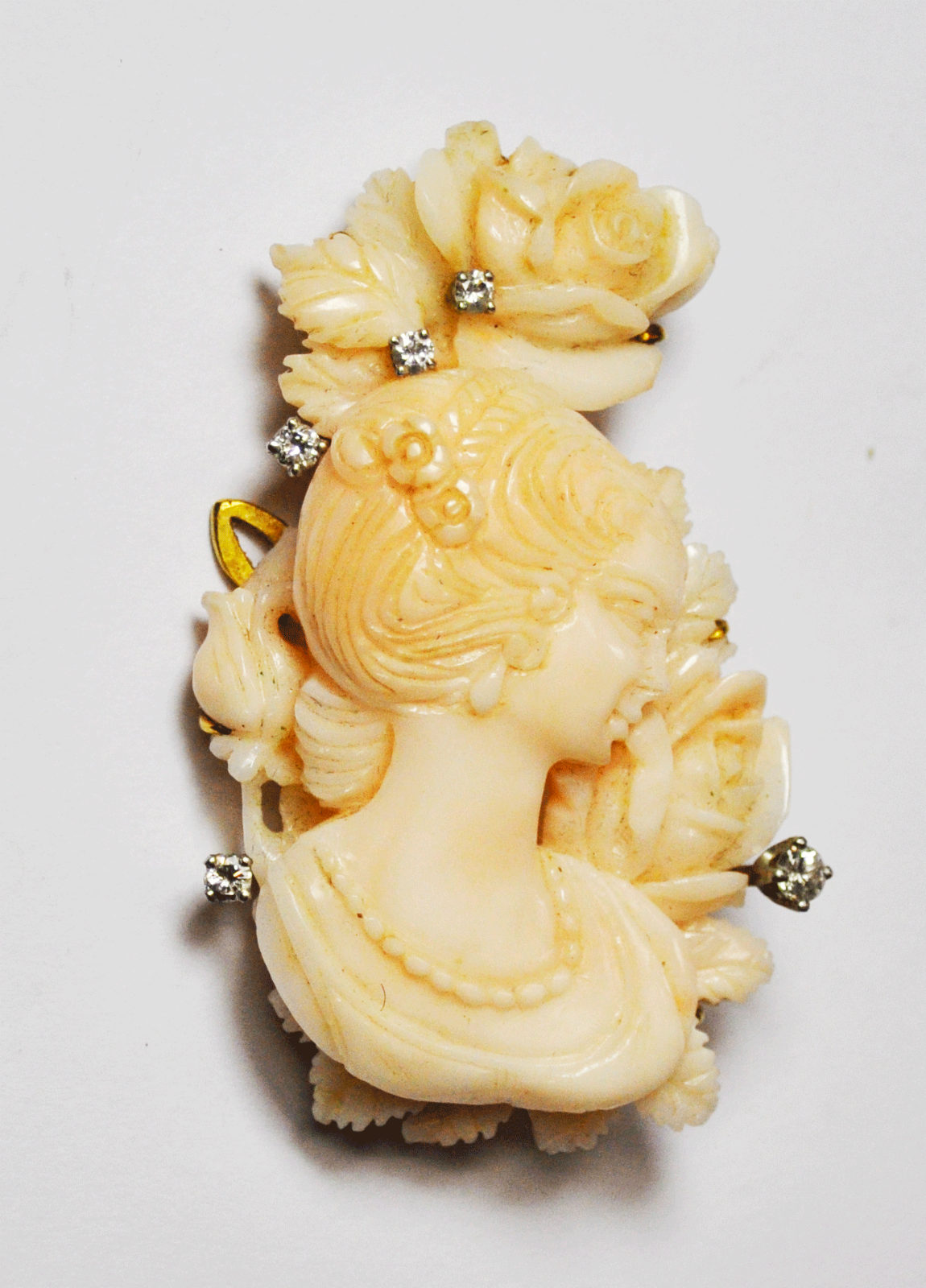 Antique Rose Art Carved Lady Coral .35tcw Diamond Brooch Pin 2-3/8" 14k Gold