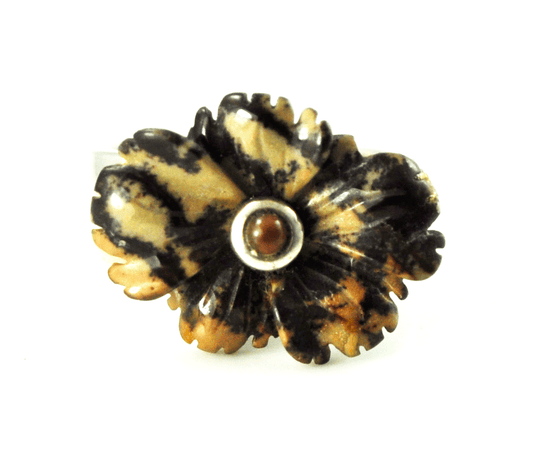 Sterling Silver Carved Feather Jasper Flower Obsidian Inlay Center 15mm Size 6.5