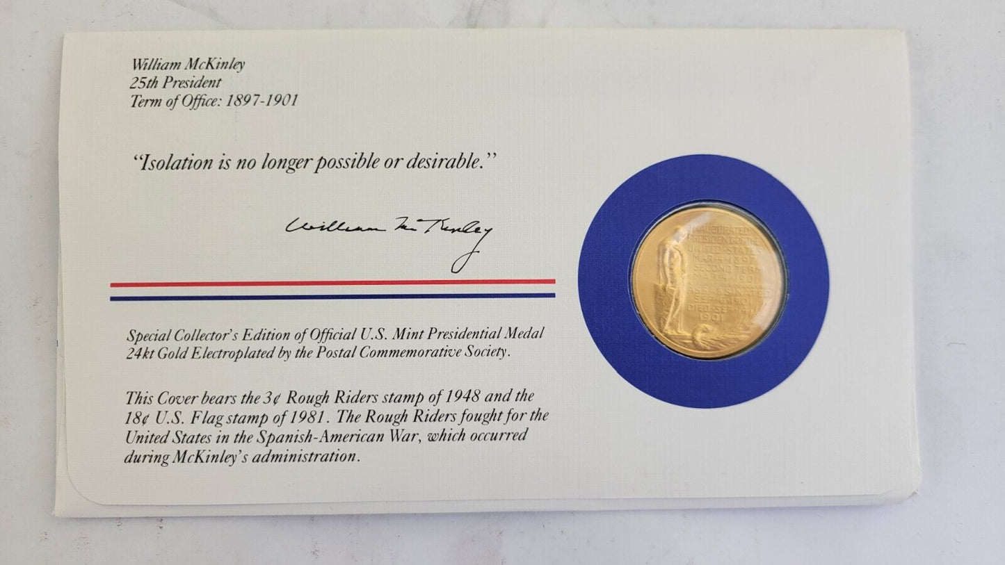 W McKinley Presidential Covers Medal Postal Commemorative Society Gold Plated