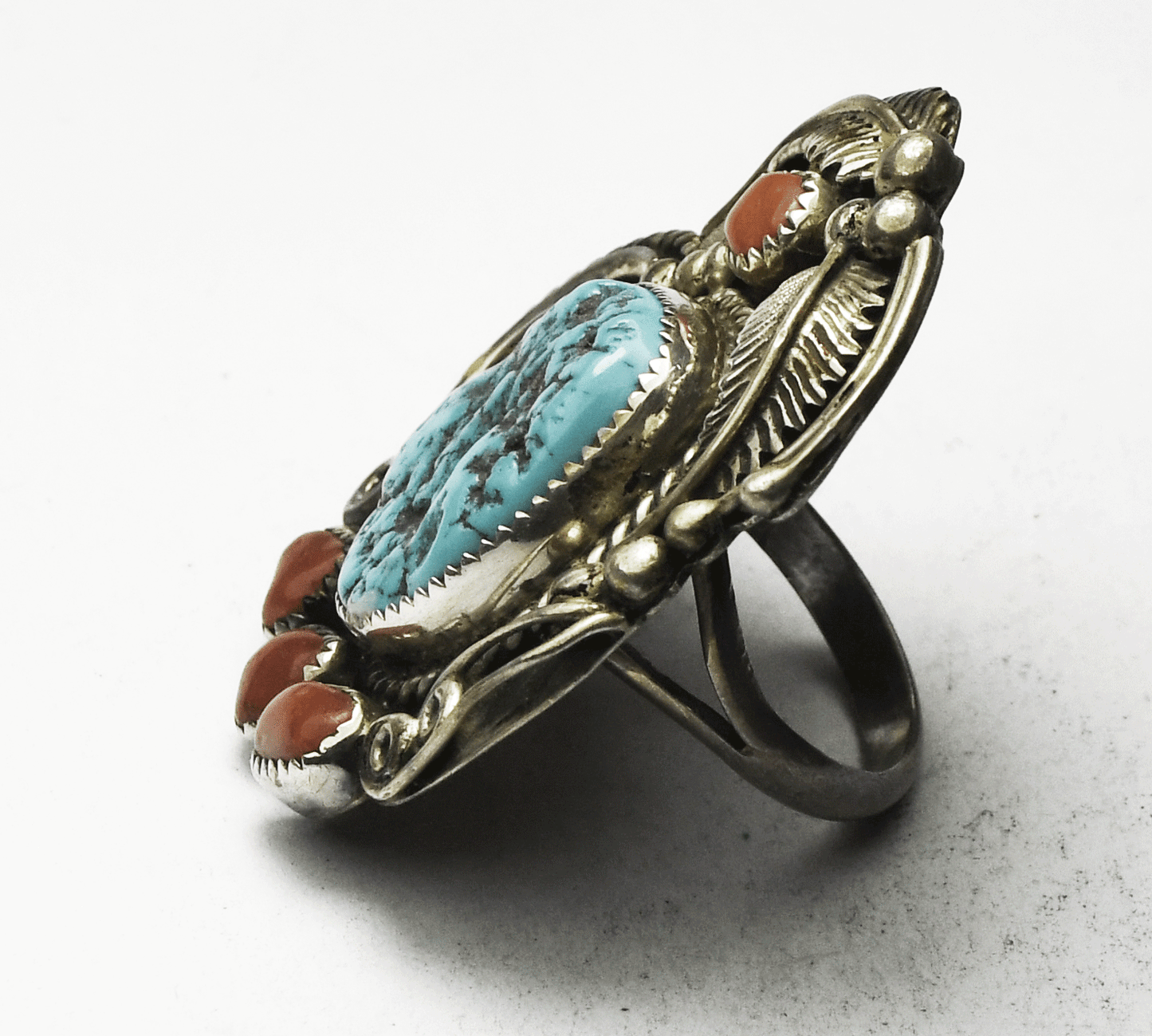 Sterling Silver Phillip Sanchez Turquoise & Coral Ring 41mm Size 7