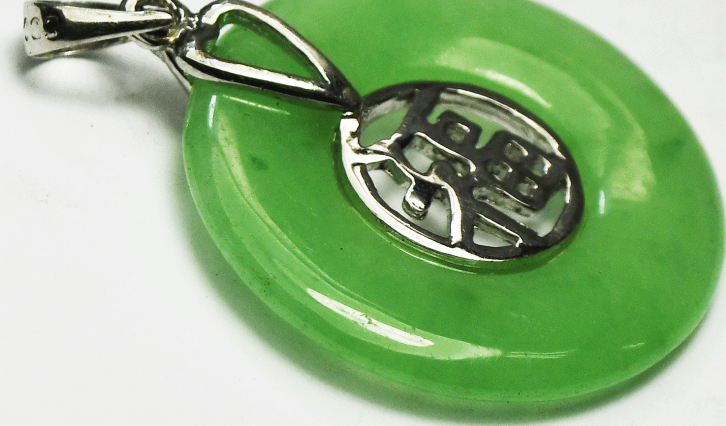 Sterling Chinese Good Luck Prosperity Green Jade Hoop Pendant 32mm x 28mm