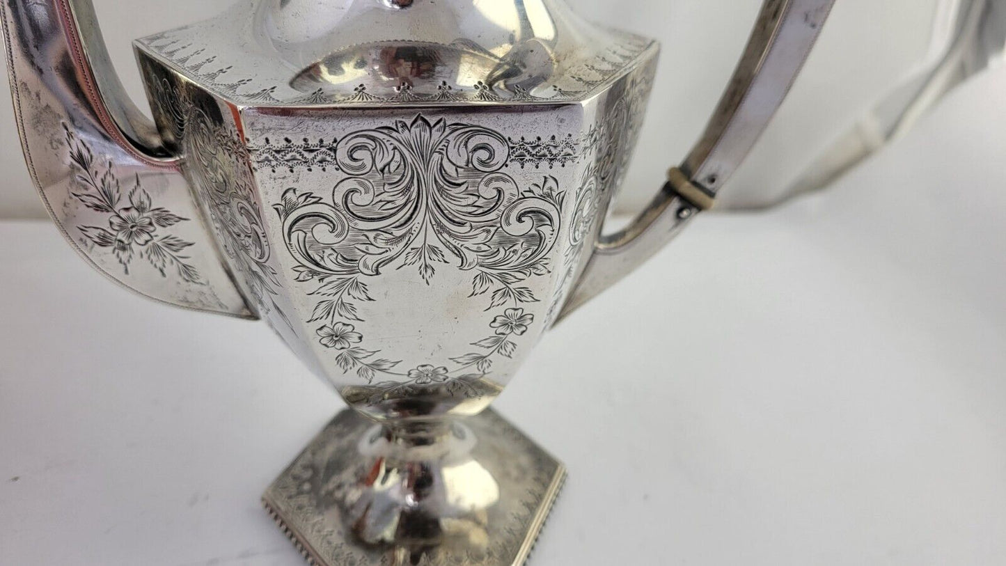 Stieff 10" Hexagon Sterling Silver Coffee Pot Tea Hand Engraved (#500) 19oz.