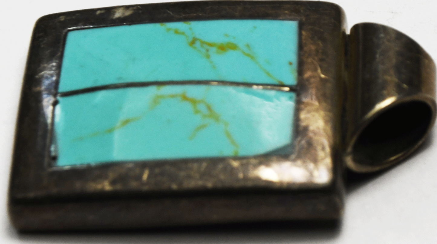 Sterling Mexico Dyed Howlite Turquoise Inlay Rectangle Pendant 43mm x 26mm