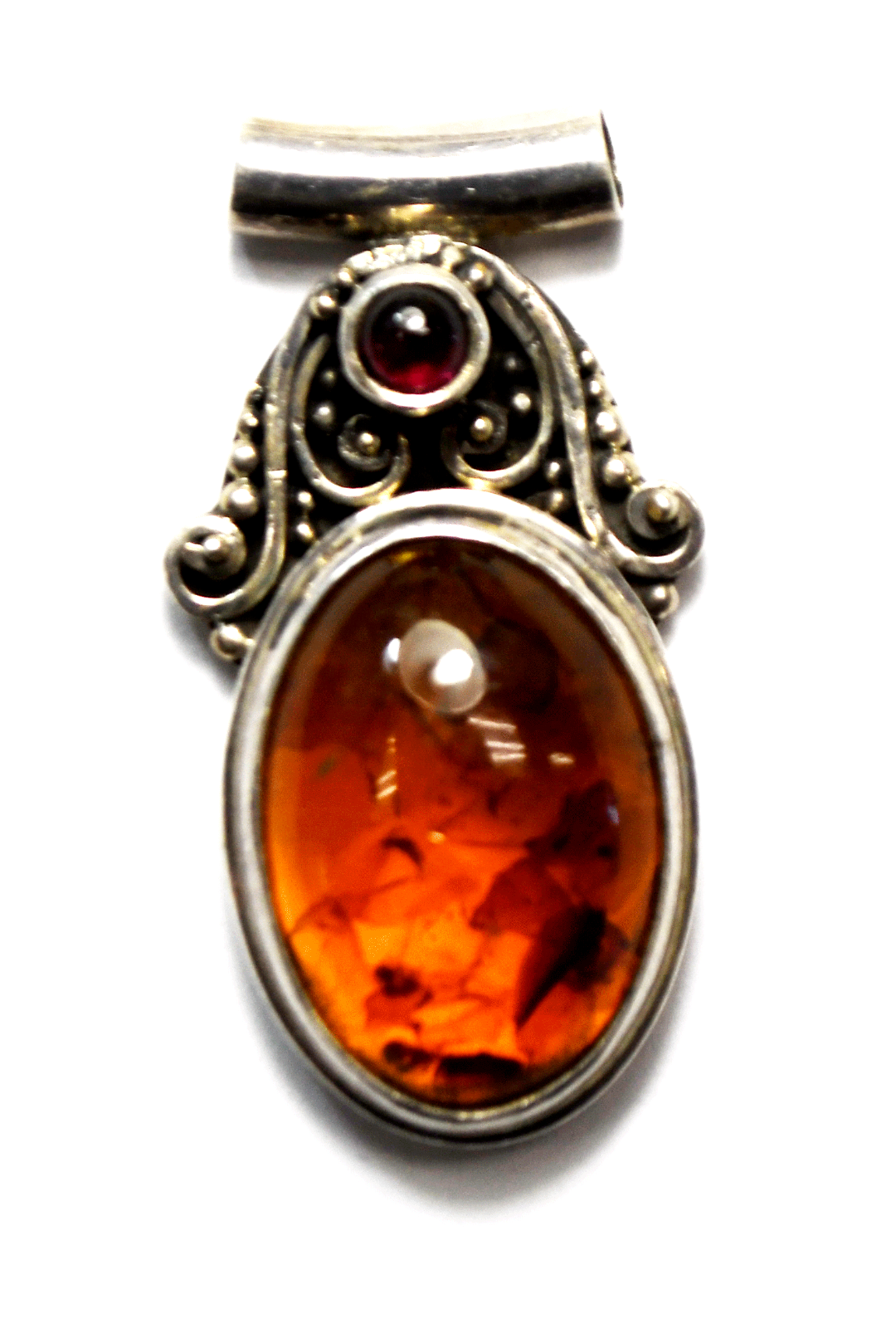 Sterling Silver Oval Amber Garnet Cabochon Slider Pendant 23mm x 43mm