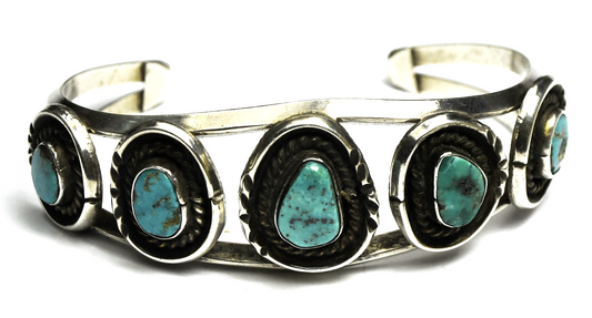 Sterling Signed BJ Five Turquoise  Split Cuff Bracelet 21mm 6-3/4" Wrist