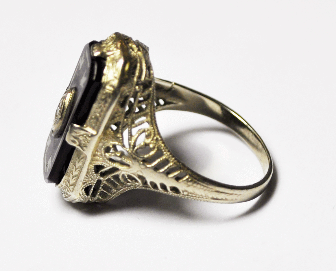 Antique 14k White Gold Art Nouveau Deco Onyx Enamel Diamond Filigree Ring Size 4