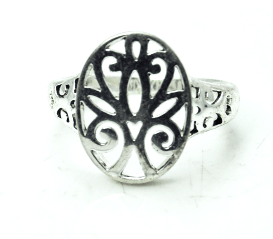 Sterling Silver Ankh Scroll Angel in Heart Tree Cut Out Oval Ring 17mm Size 8