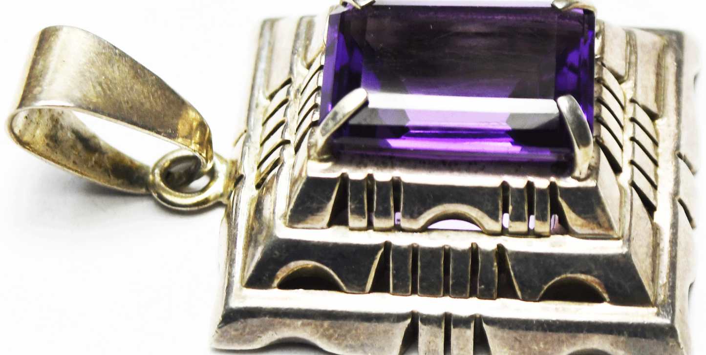 Sterling Purple Amethyst Rectangle Stepped Pyramid Pendant 29mm x 47mm  34.2g