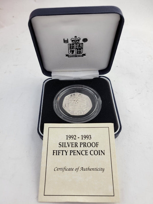 1992 1993 Silver Proof Fifty Pence Commemorative Coin w/Box & Paperwork