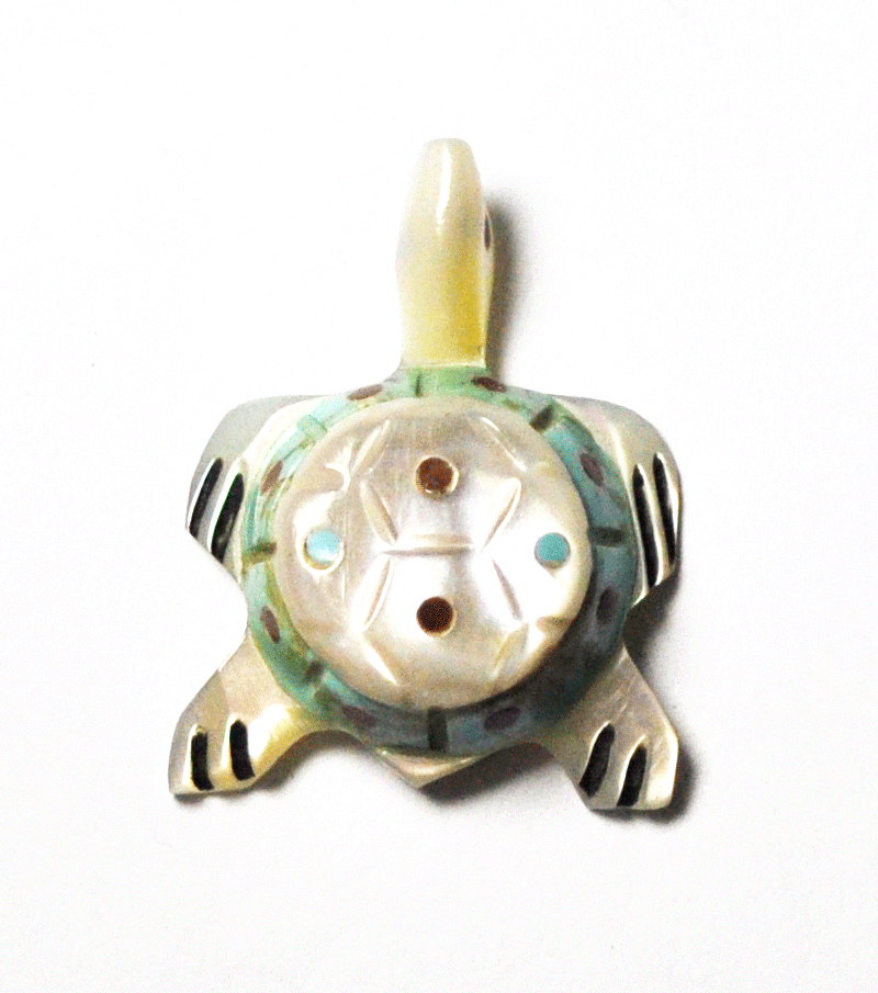 Zuni Burrs New Mexico Turquoise Mother of Pearl Turtle Fetish Carving 1"