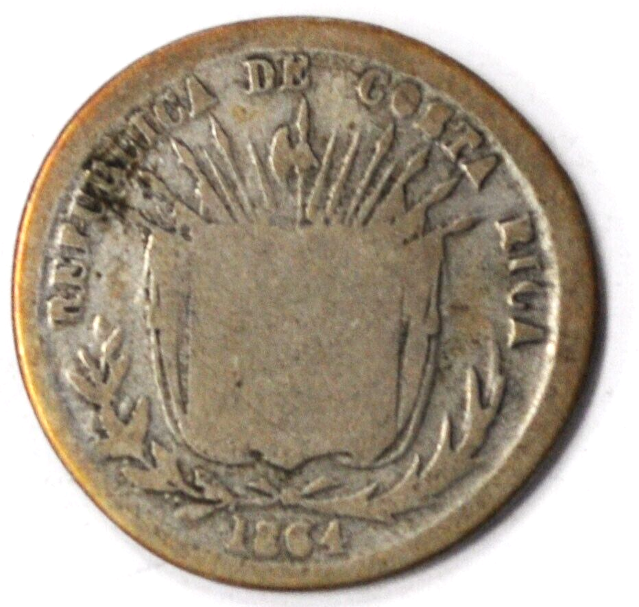 1864 25c Costa Rica 25 Twenty Five Centavos Silver Coin KM# 105 Low Mintage