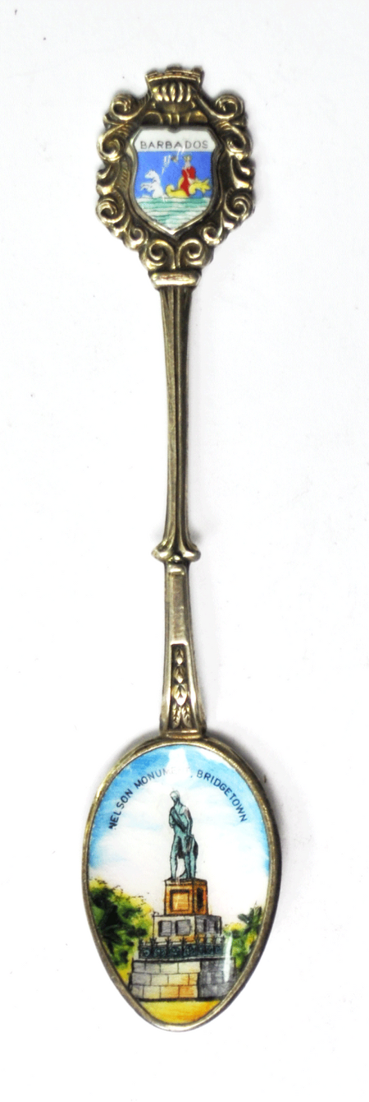 Sterling REU Barbados Nelson Monument Bridgetown Enamel Souvenir Spoon 4.5"