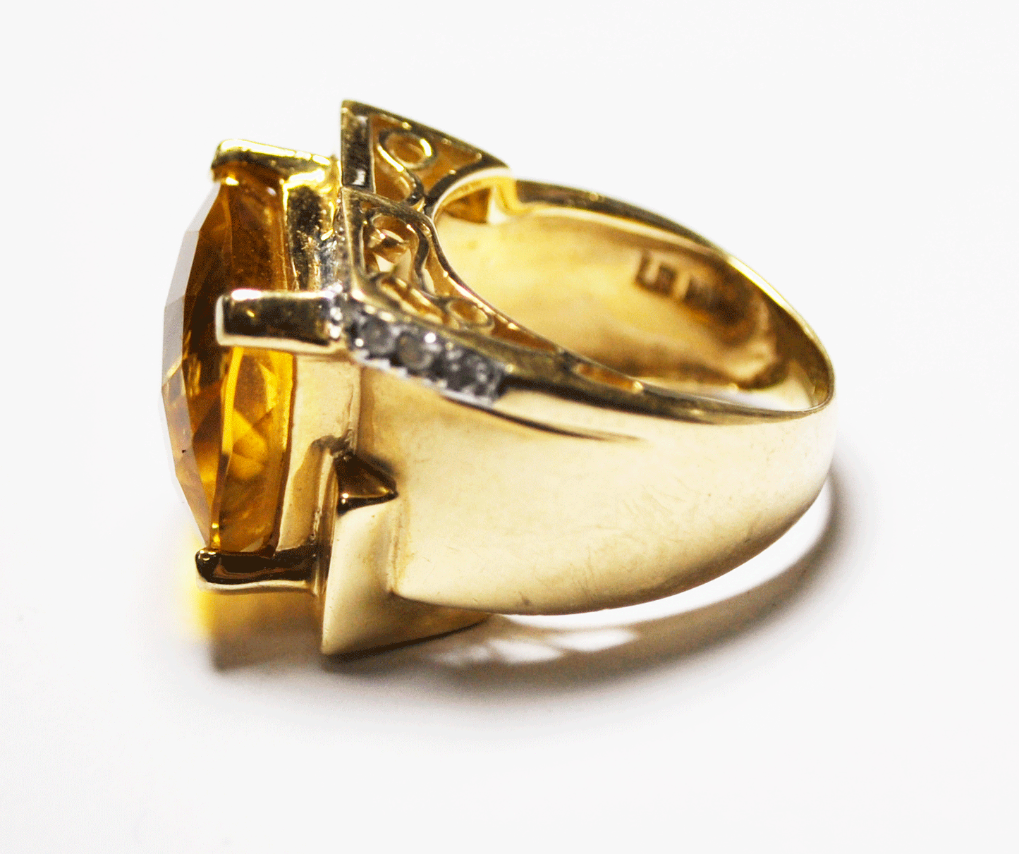 Beautiful 14k Yellow Gold Signet Citrine Square Diamond Ring 16mm Size 5