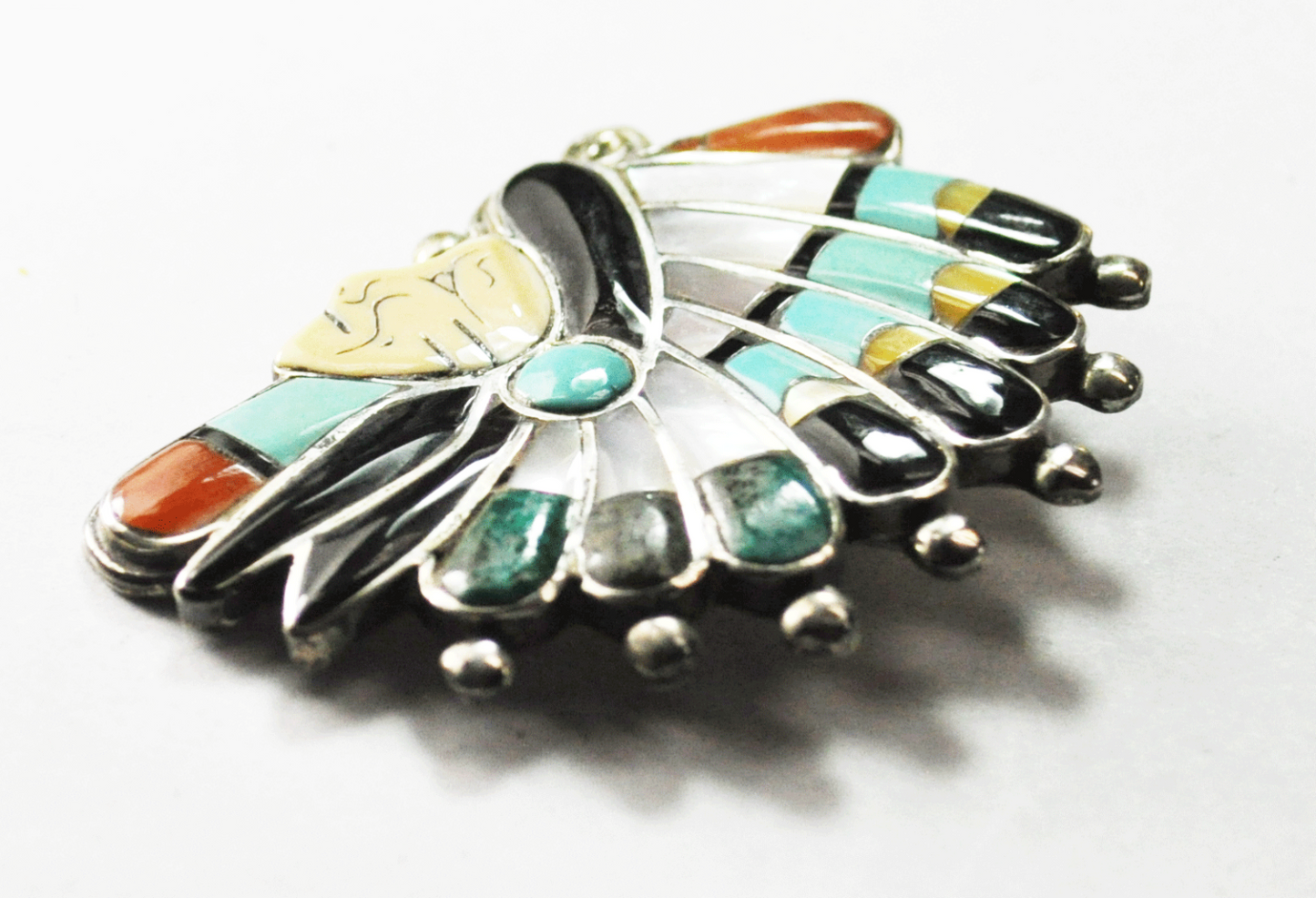 Sterling Chief Headress Inlay Brooch Pin 2" x 1-1/2" Turquoise Mop Onyx Coral