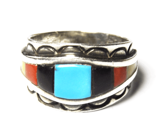 Sterling Silver W Dodson IHMSS Stepped Inlay Ring 17mm Size 12.5 Turquoise Coral