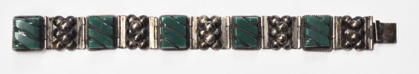 Sterling Mexico Green Jade Carved Stripe Wire Dot Cluster Bracelet 17mm 7.25"