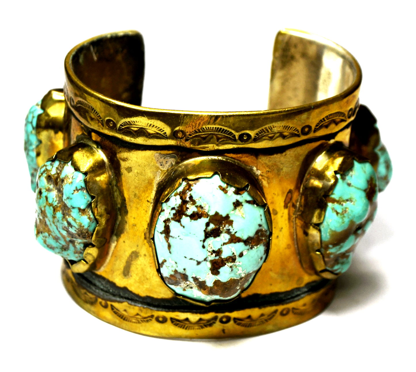 Sterling RA Gilt Brass Turquoise Chunk 51mm Wide Cuff Bracelet 51mm 6-1/4" Wrist