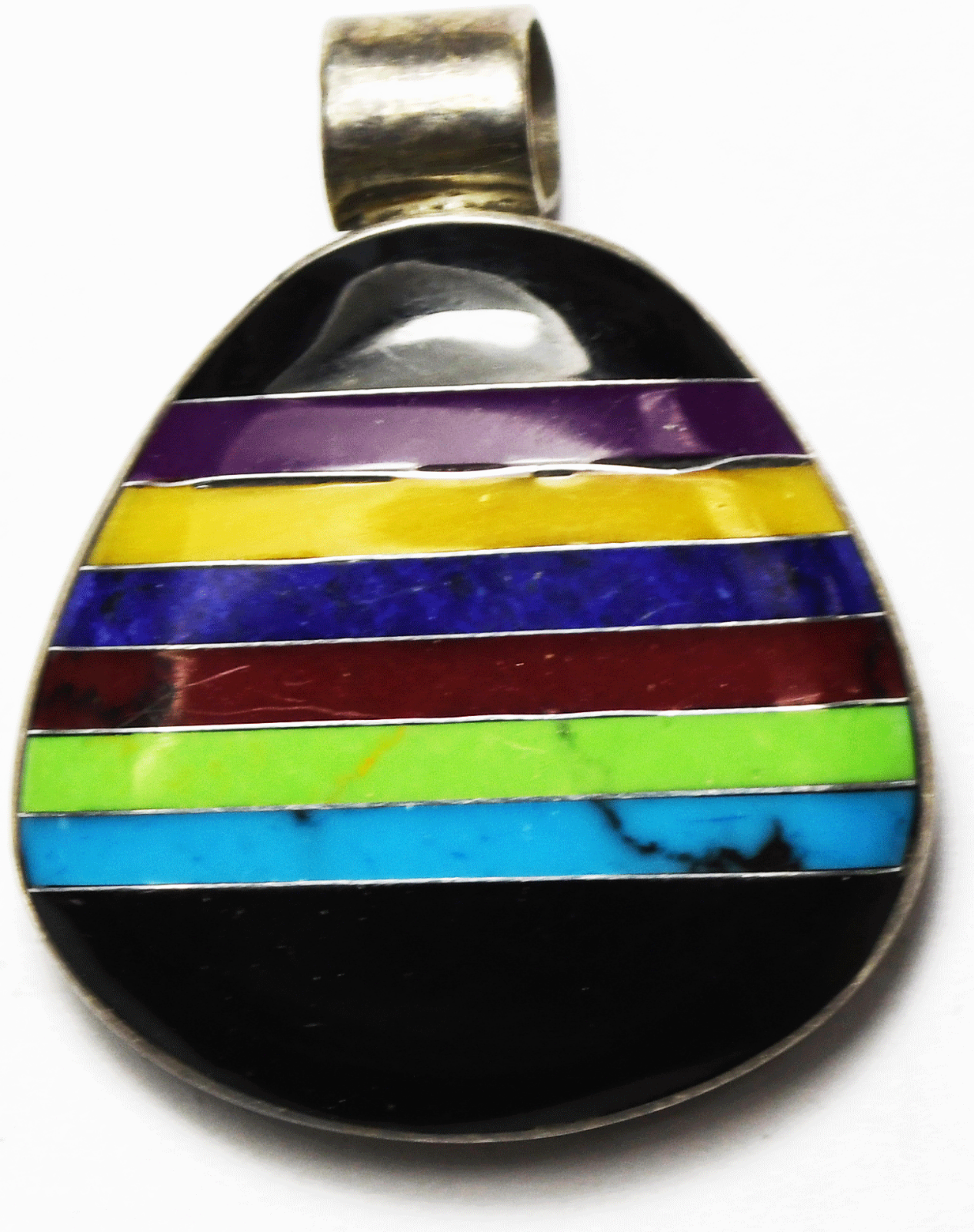 Sterling Black Onyx Turquoise Jasper Inlay Stripe Pendant 35mm x 28mm