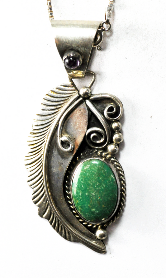 Sterling Floral Leaf Green Turquoise Amethyst Pendant 63mm x 28mm 17" Box Chain