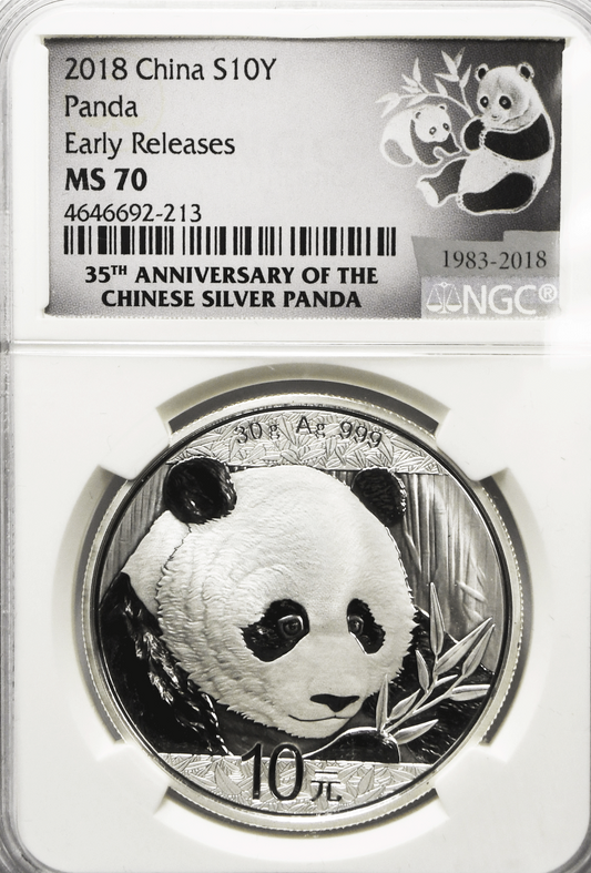 2018 10Yn China Silver Panda Ten Yuan 30g Coin NGC MS70 ER .999