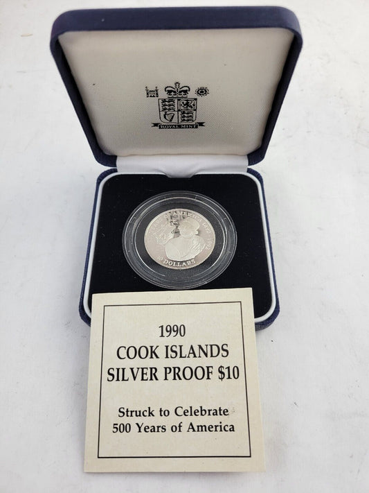 1990 Cook Islands Christopher Columbus Dollars Silver Proof Coin  w/Box