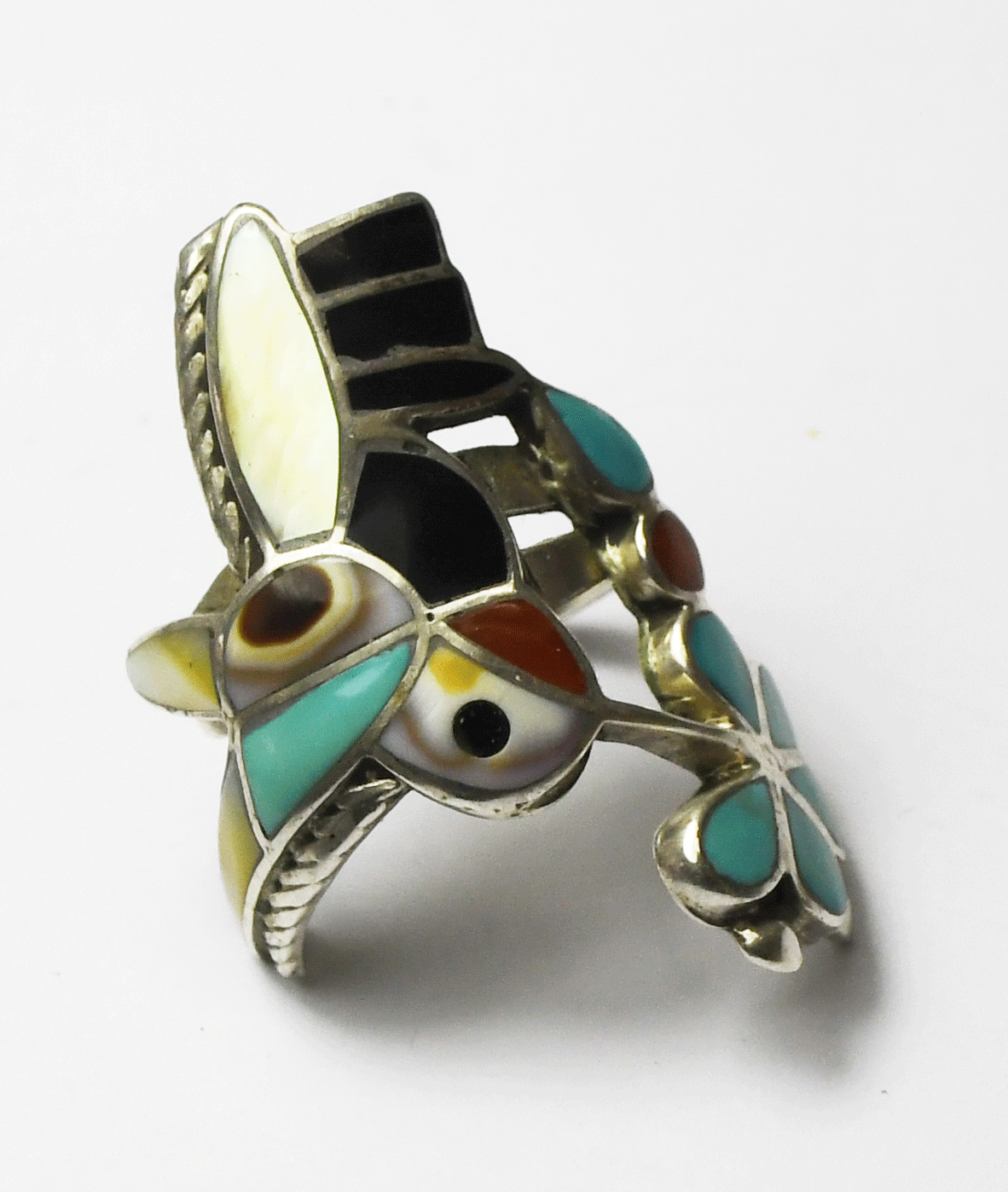 Sterling Silver Hummingbird Inlay Turquoise Coral MOP Ring 36mm Size 6-1/2