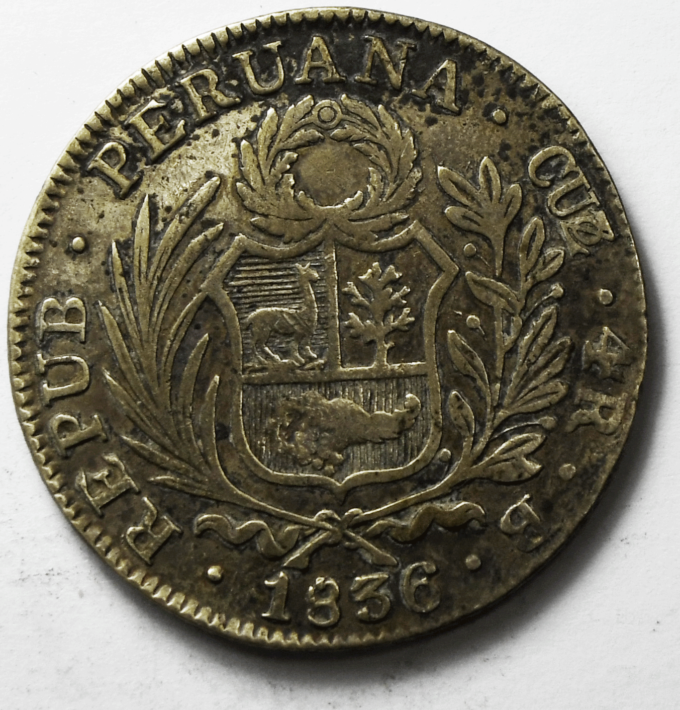 1836 CUZco B Peru 4 Four Reales Silver Coin KM# 151.1