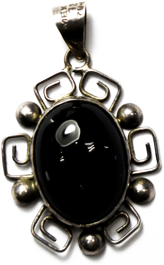 Sterling Black Onyx Oval Ulam Spiral Dot Pendant 29mm x 32mm