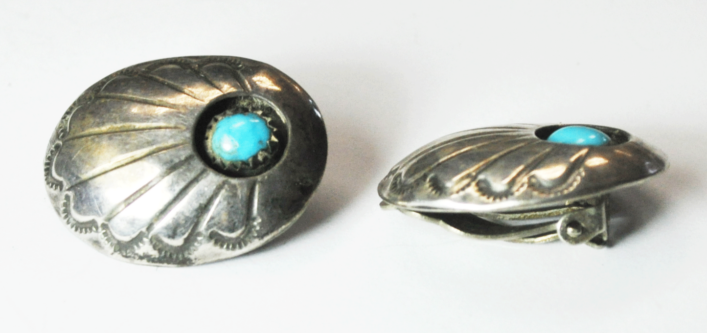 Sterling Silver Concho Oval Shadow Box Turquoise Clip On Earrings 28mm x 22mm