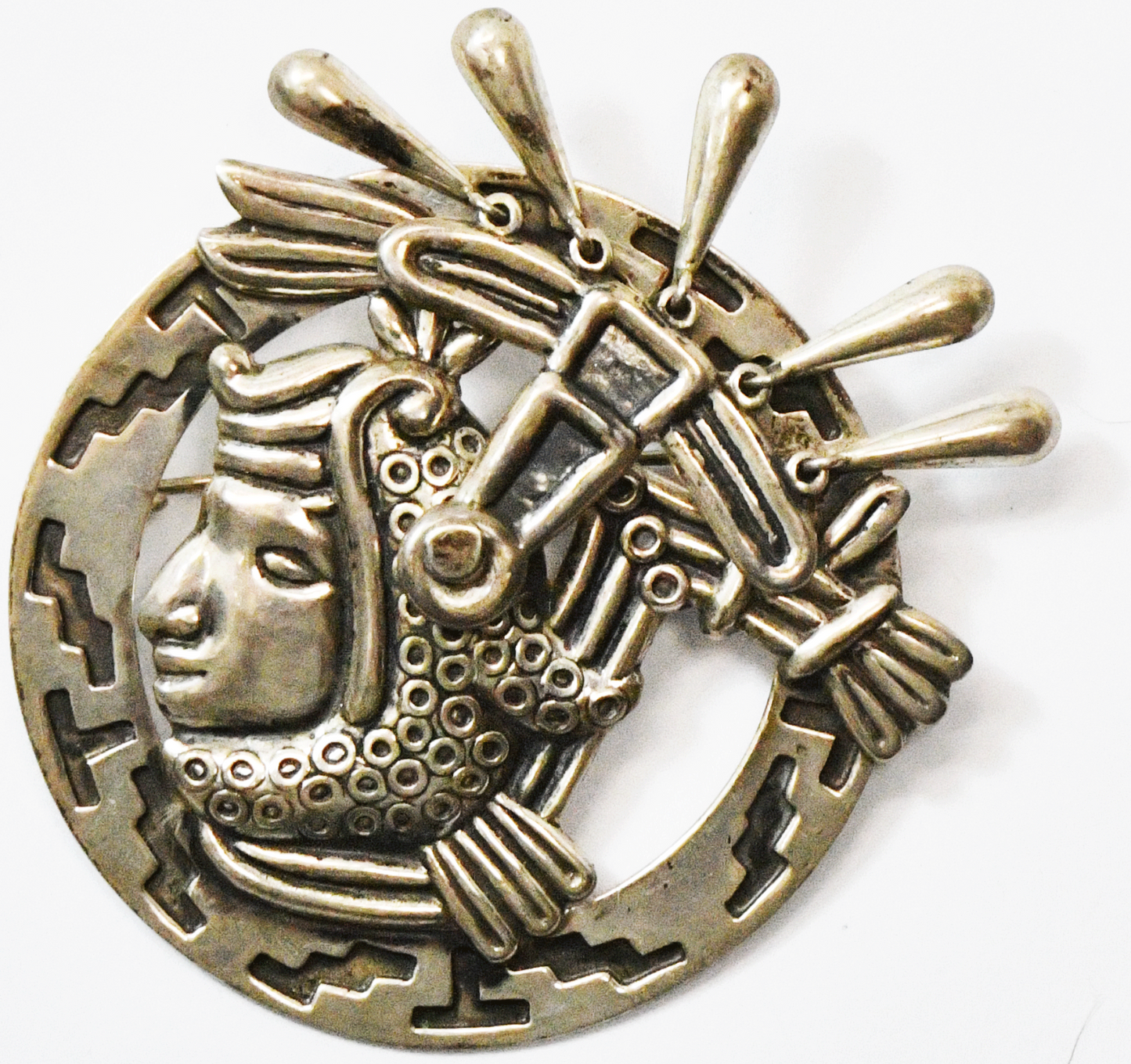 Sterling CCC Aztec Round Brooch Pin Rotating Dangle 56mm