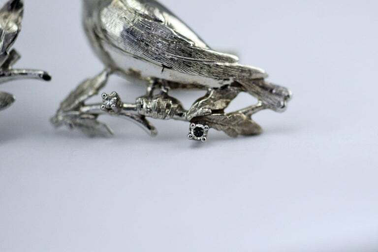 Vintage 4 Diamond 14 Karat White Gold Birds with Ruby Eyes Mens Cufflinks Large