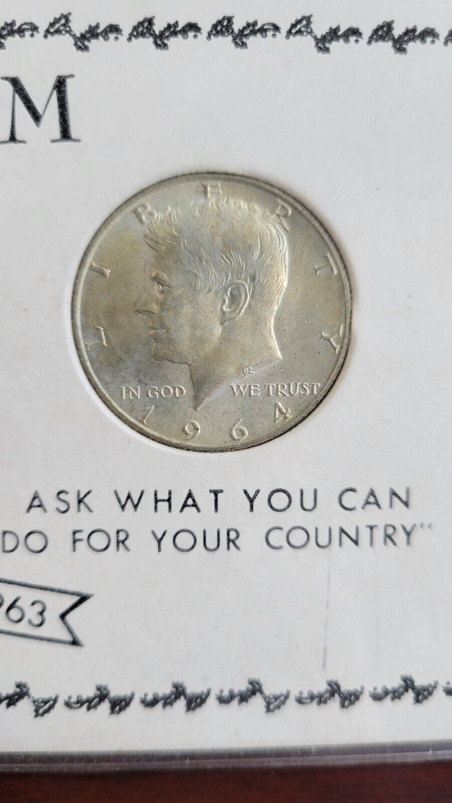 1964 JOHN F. KENNEDY In Memoriam Silver Half Dollar w Original