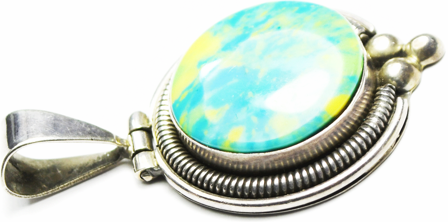 Sterling Bright Yellow Blue Green Marbled Round Pendant 32mm x 55mm