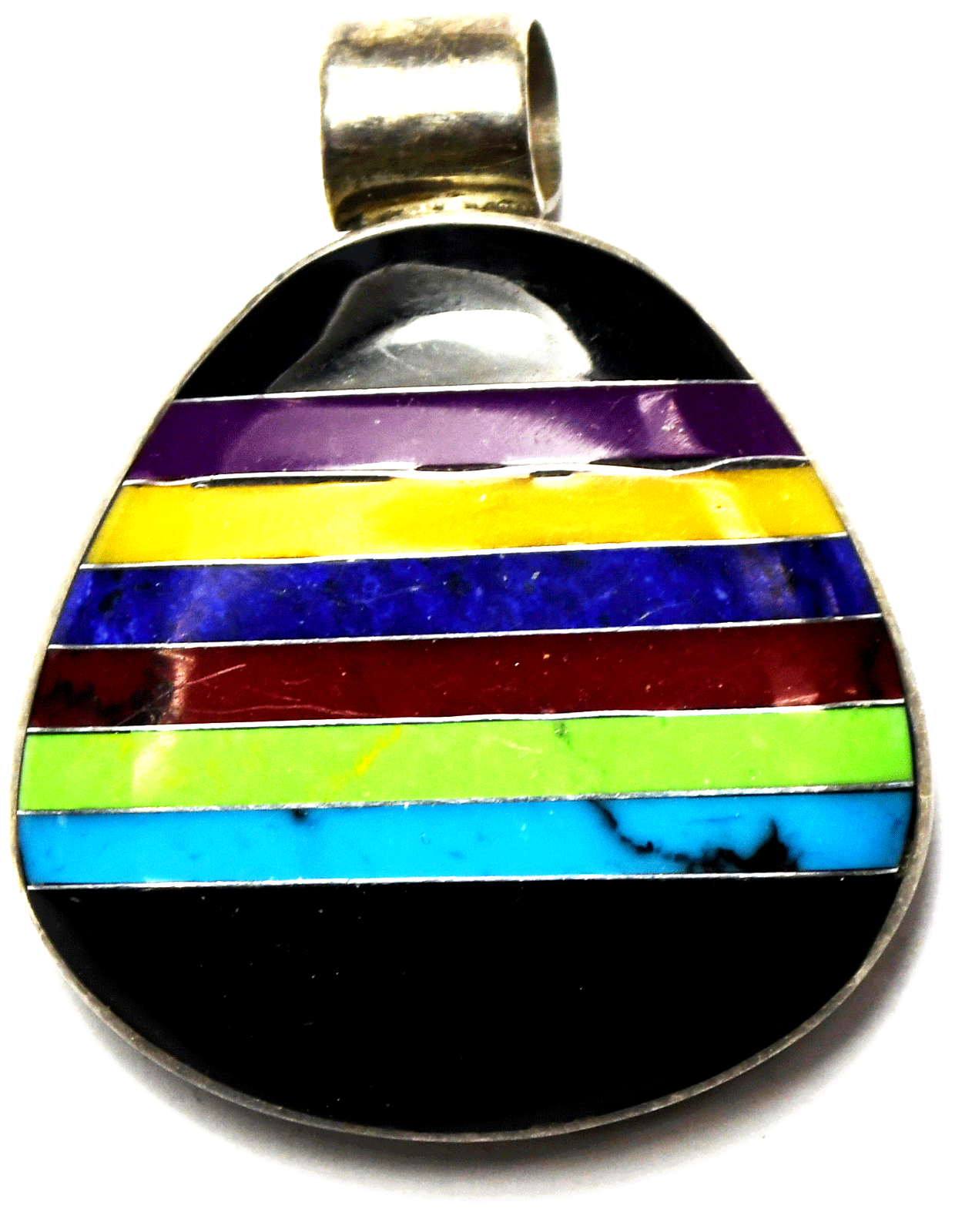 Sterling Black Onyx Turquoise Jasper Inlay Stripe Pendant 35mm x 28mm