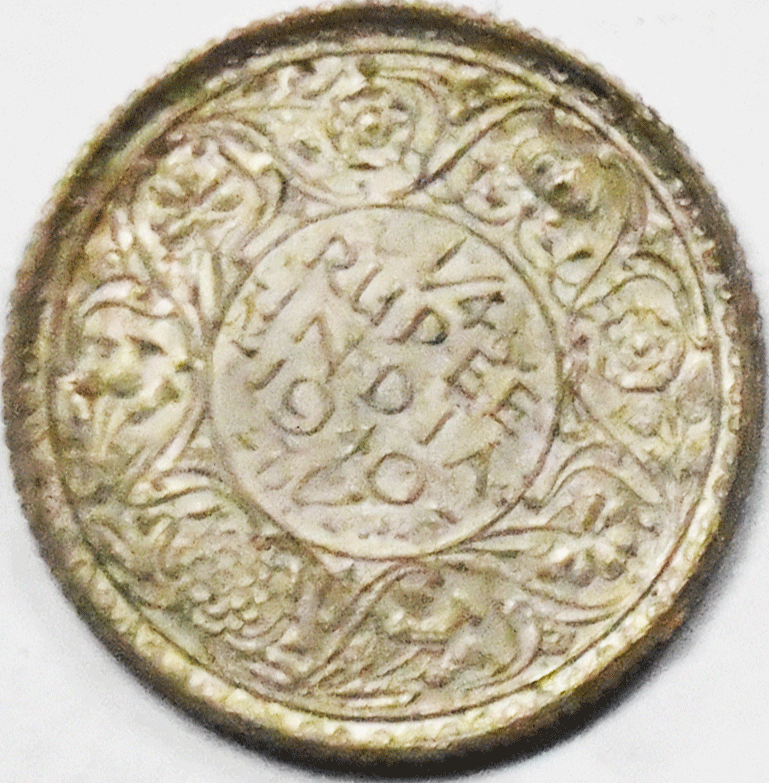 1940 India-British One Quarter 1/4 Rupee Silver Coin