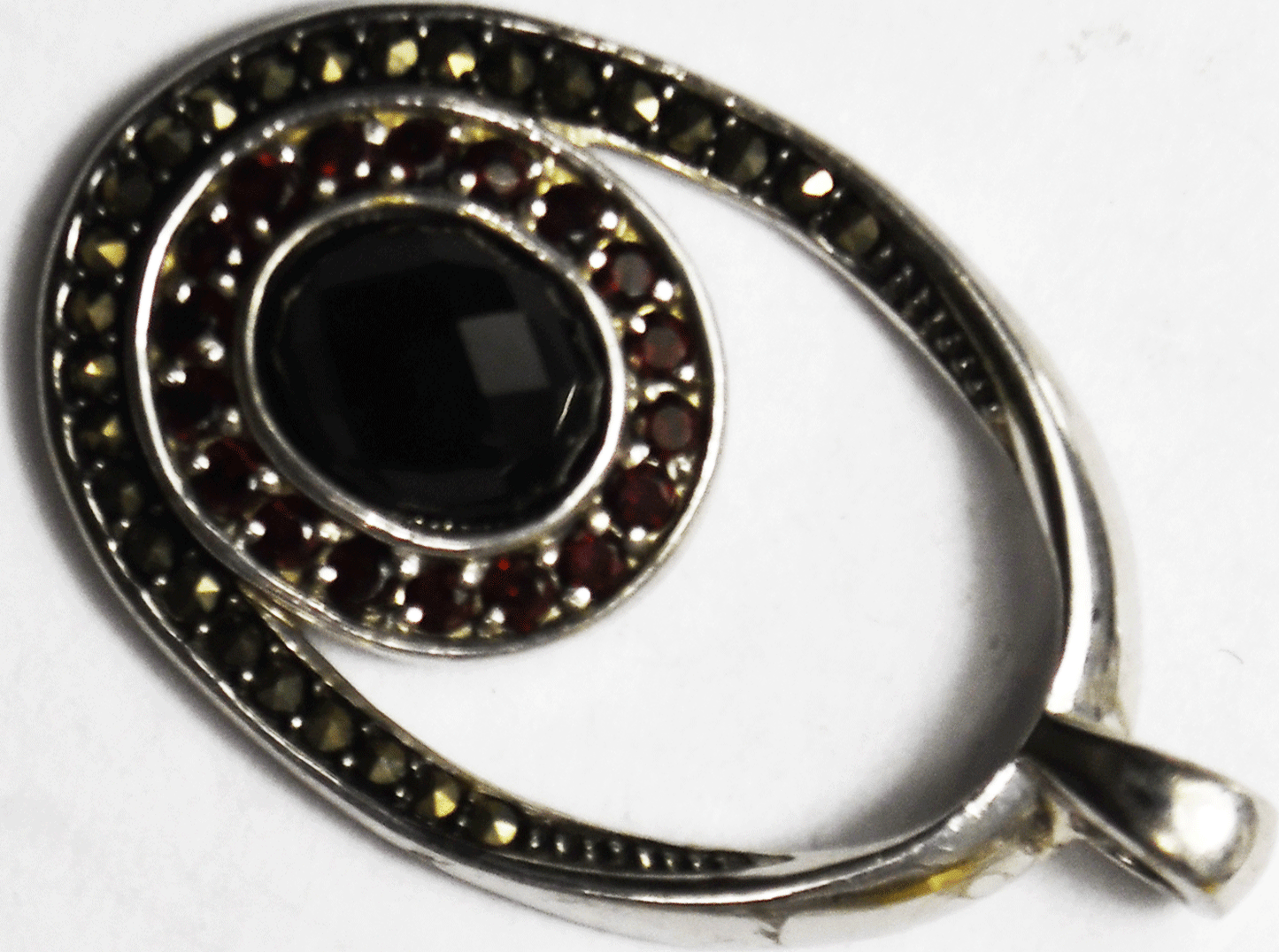 Sterling Faceted Black Onyx Garnet Marcasite Halo Pendant 38mm x 23mm